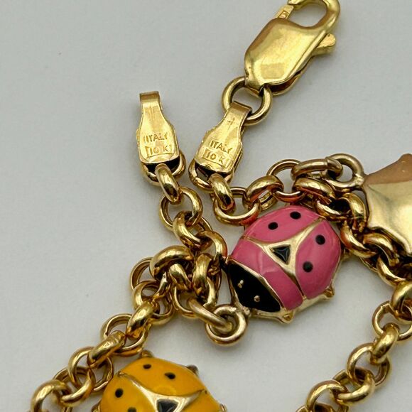 Italian 10k Yellow Gold Rolo Link Charm Bracelet with Enamel Ladybugs - Picture 6 of 7